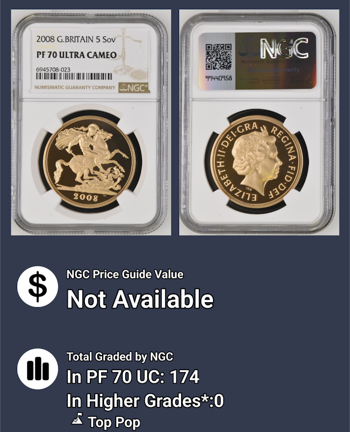 金貨 最高鑑定 NGC PF70UC イギリス 2008年 エリザベス女王 5ソブリン 5ポンドプルーフ金貨 5Sov 英国ロイヤルミント ゴールドコイン