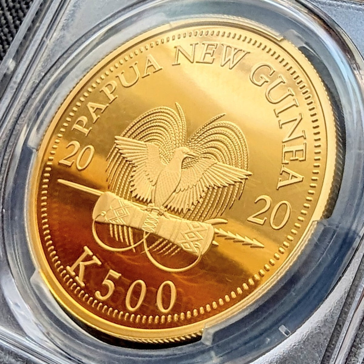 金貨【最高鑑定 2020年 極楽鳥金貨 PCGS PR70DCAM 鑑定 】パプアニューギニア 500K パラダイスバード 純金 31.1g 1oz 説明書 木製箱付き