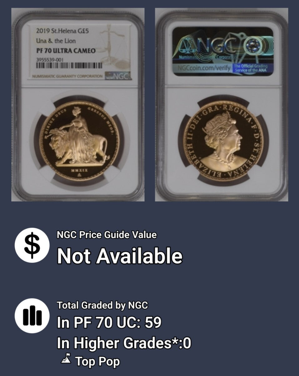 金貨【最高鑑定 2019年 ウナとライオン NGC PF70UC 鑑定 金貨】セントヘレナ 5ポンド 5ソブリン エリザベス2世 Una&the Lion