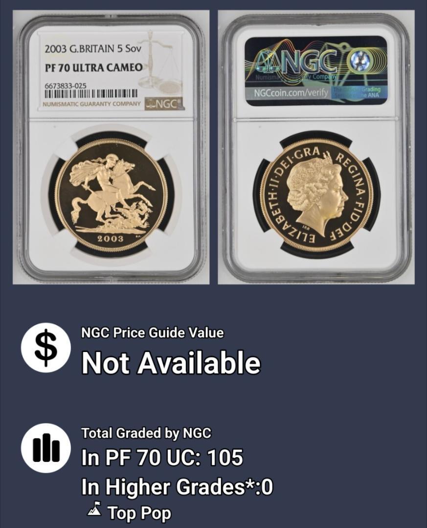 金貨 最高鑑定 NGC PF70UC イギリス 2003年 エリザベス女王 5ソブリン 5ポンドプルーフ金貨 5Sov ロイヤルミント ゴールドコイン